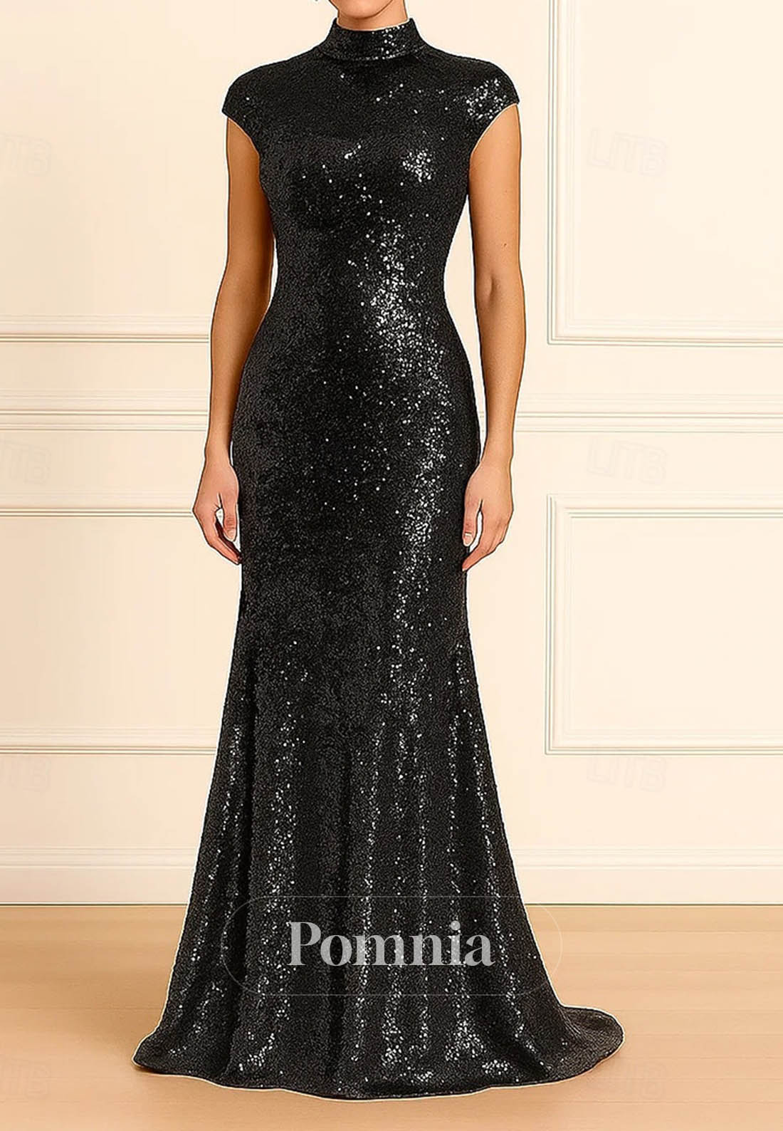 Cap Sleeve High Neck Wedding Formal Sequined with Glitter
