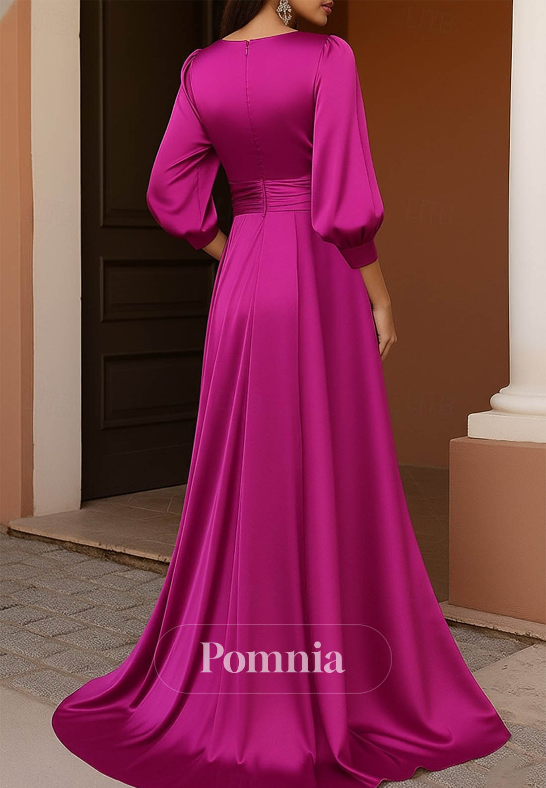 Elegant Celebrity Style Long Sleeve V Neck Garden Party Wedding Satin with Pleats