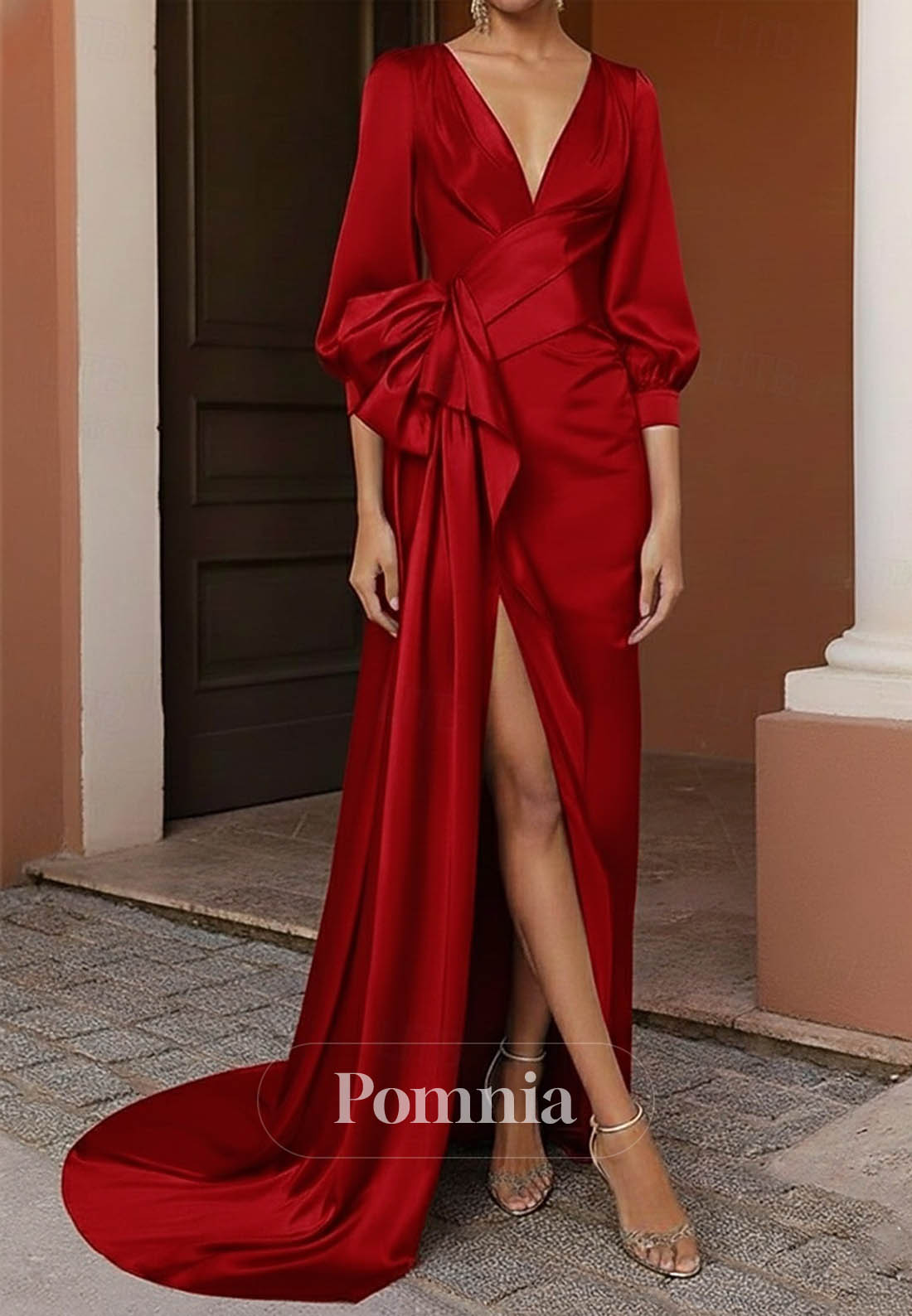 Elegant Celebrity Style Long Sleeve V Neck Garden Party Wedding Satin with Pleats