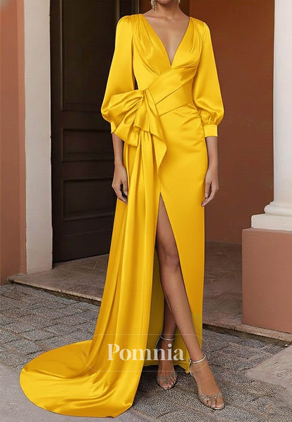 Elegant Celebrity Style Long Sleeve V Neck Garden Party Wedding Satin with Pleats