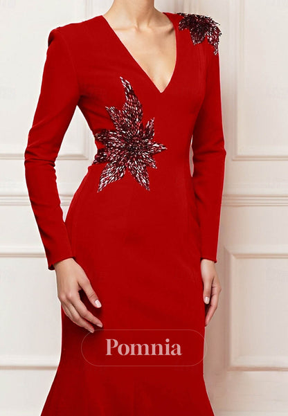Mermaid Long Sleeve V Neck Formal Dress