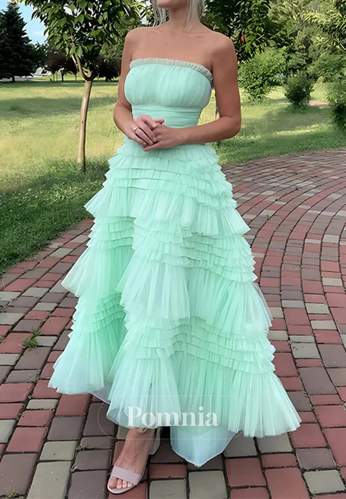 Mint Green A-Line Strapless Scoop Neck Tiered Tulle Prom Dress