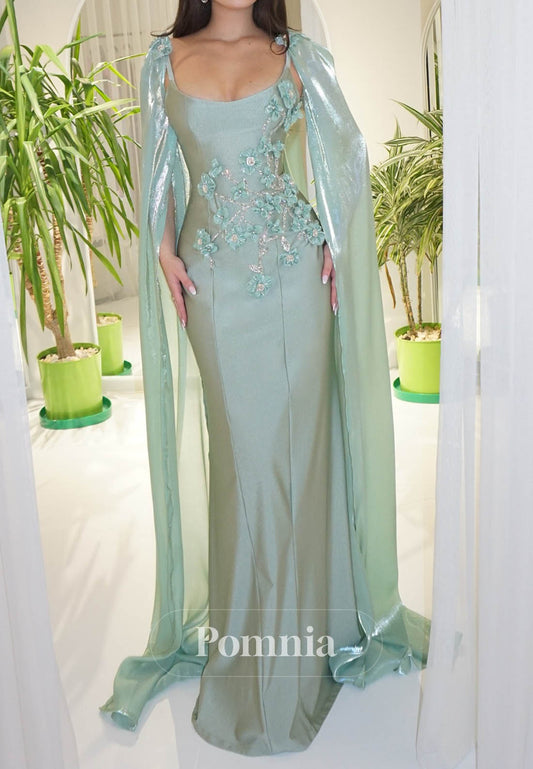 Mint Green Cape V-Neck Ruched Prom Dress