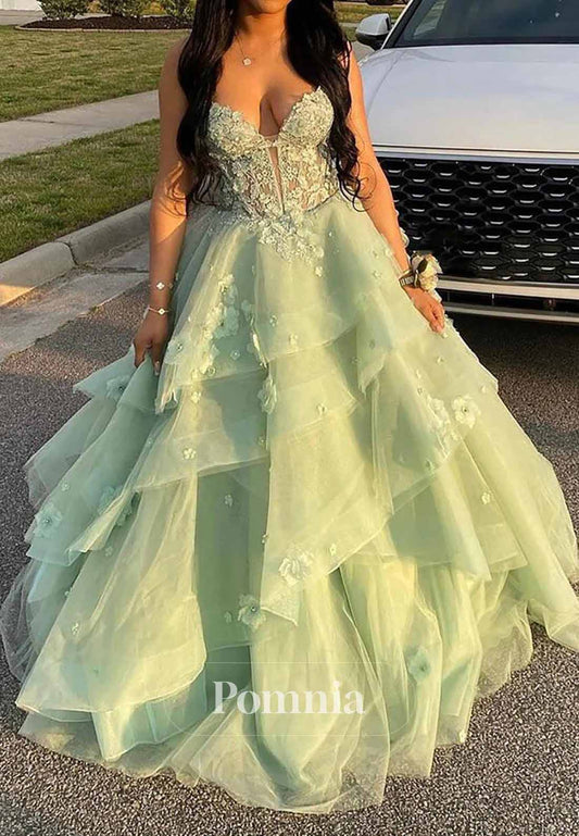 Mint Green Layered Tulle Appliques 3D Floral Prom Dress