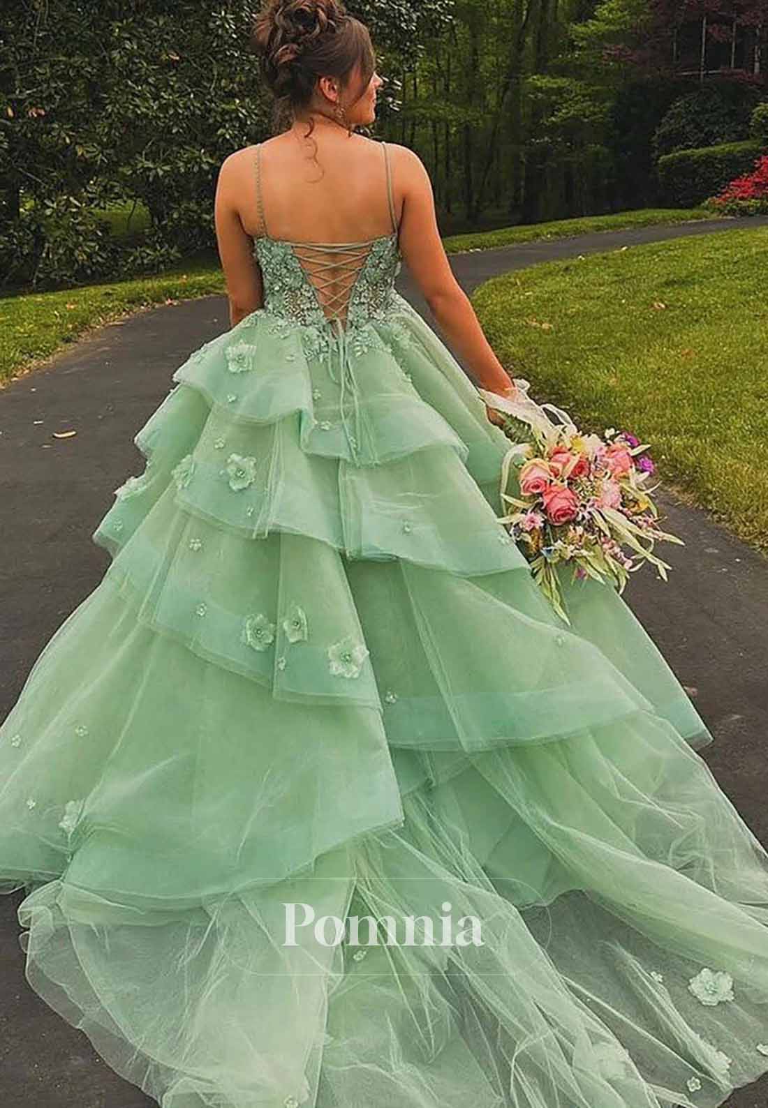 Mint Green Layered Tulle Appliques 3D Floral Prom Dress
