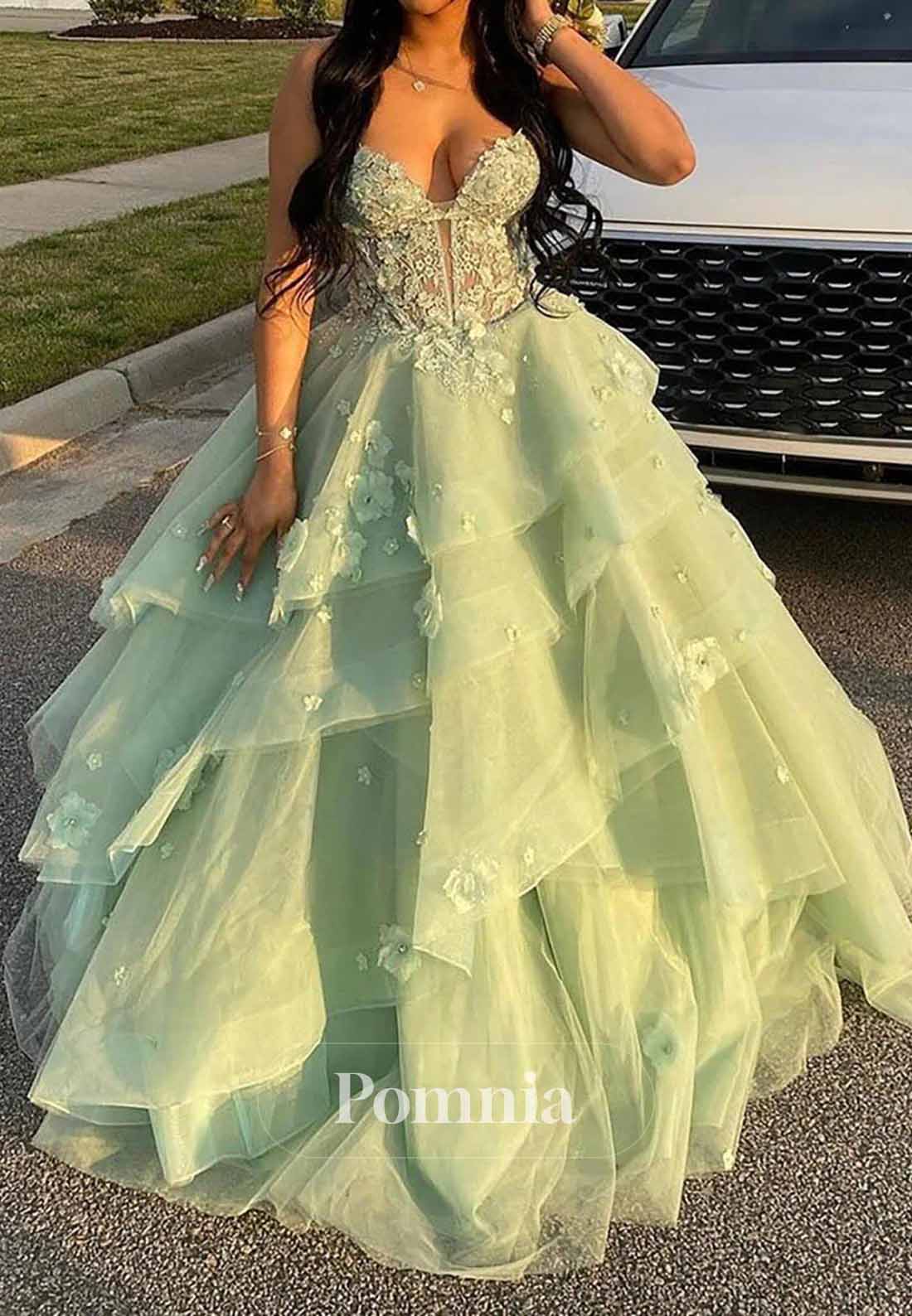 Mint Green Layered Tulle Appliques 3D Floral Prom Dress