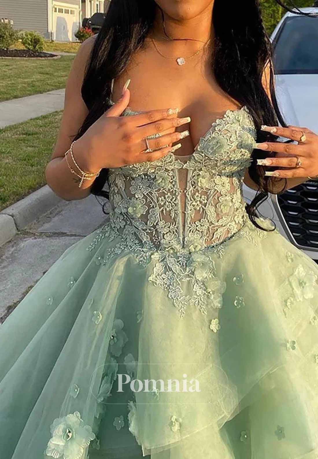 Mint Green Layered Tulle Appliques 3D Floral Prom Dress