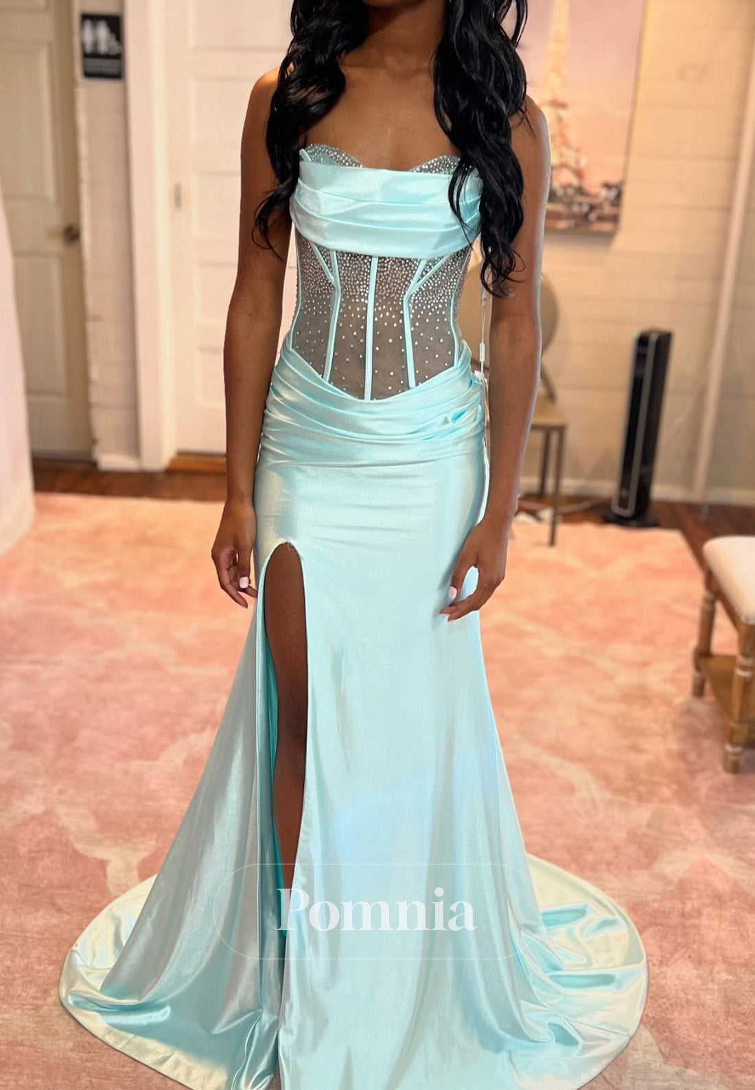 Mint Green Scoop Sleeveeless Slit Sequins Prom Dress