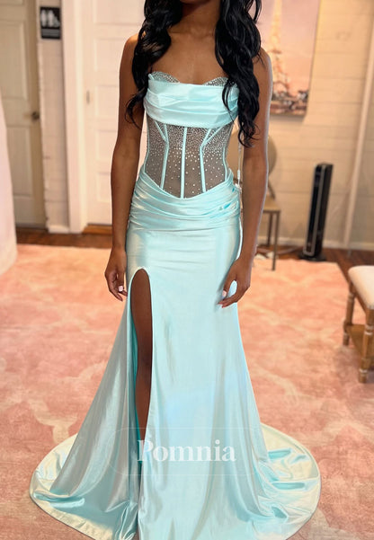 Mint Green Scoop Sleeveeless Slit Sequins Prom Dress