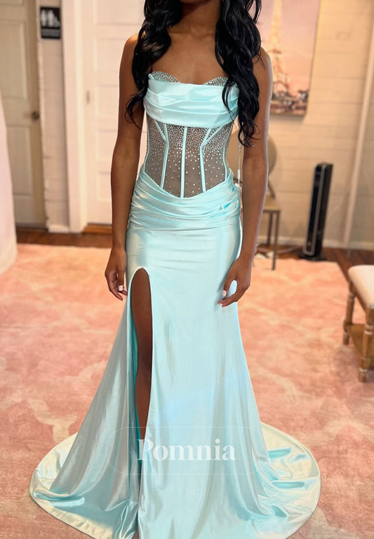 Mint Green Scoop Sleeveeless Slit Sequins Prom Dress