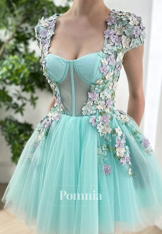 Mint Green Short Sleeves Sweetheart Appliques Corset Homecoming Dress
