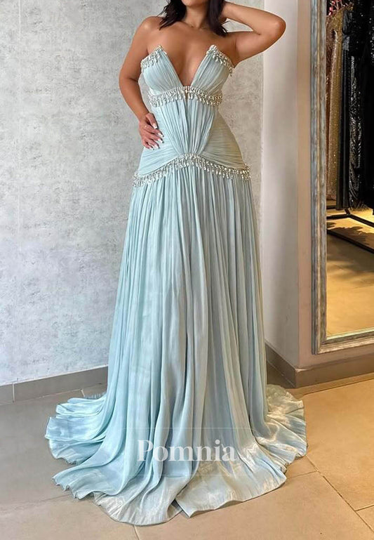 Mint Green Sleeveless Strapless Ruched A-Line Prom Dress