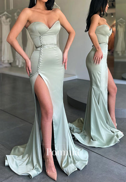 Mint Green Sleeveless Strapless Slit Prom Dress