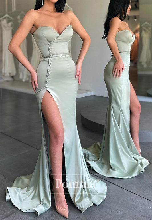 Mint Green Sleeveless Strapless Slit Prom Dress
