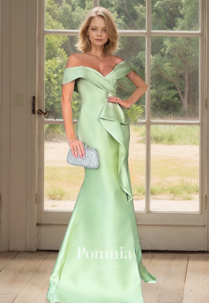 Mint Green Cap Sleeves Off-Shoulder Sweep Train Mother of the Bride Dress