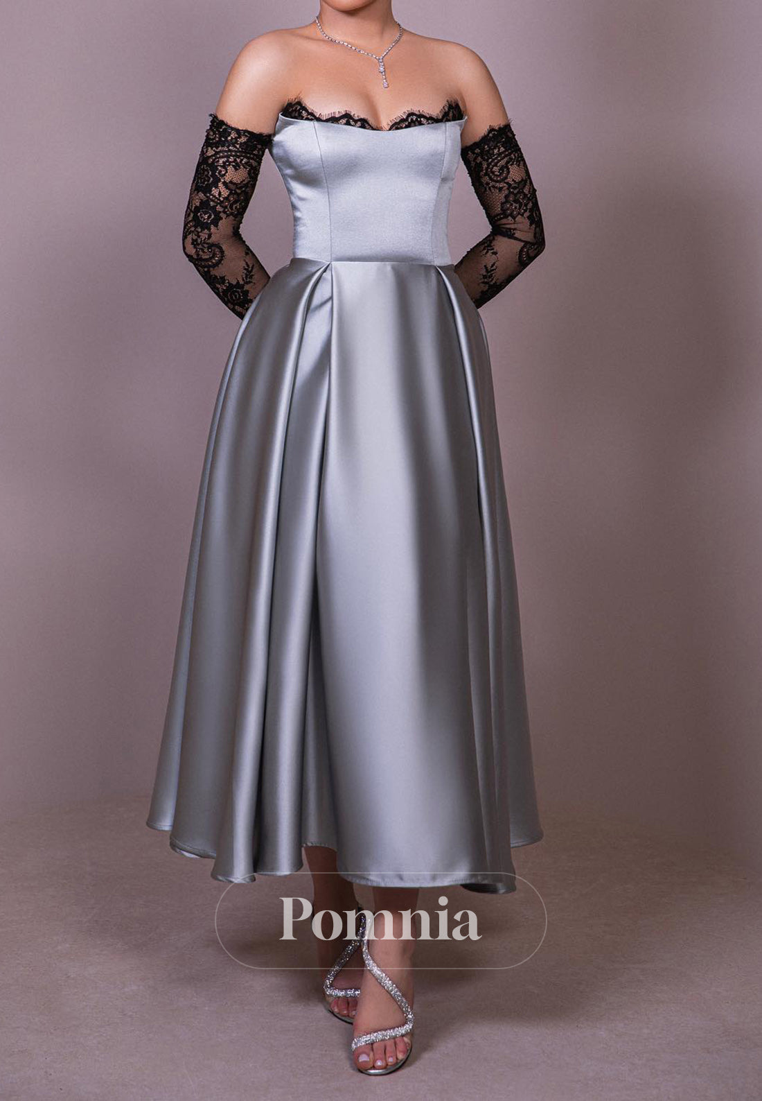 Mist Long Sleeves Off-Shoulder Scoop Empire-Waist Evening Dress