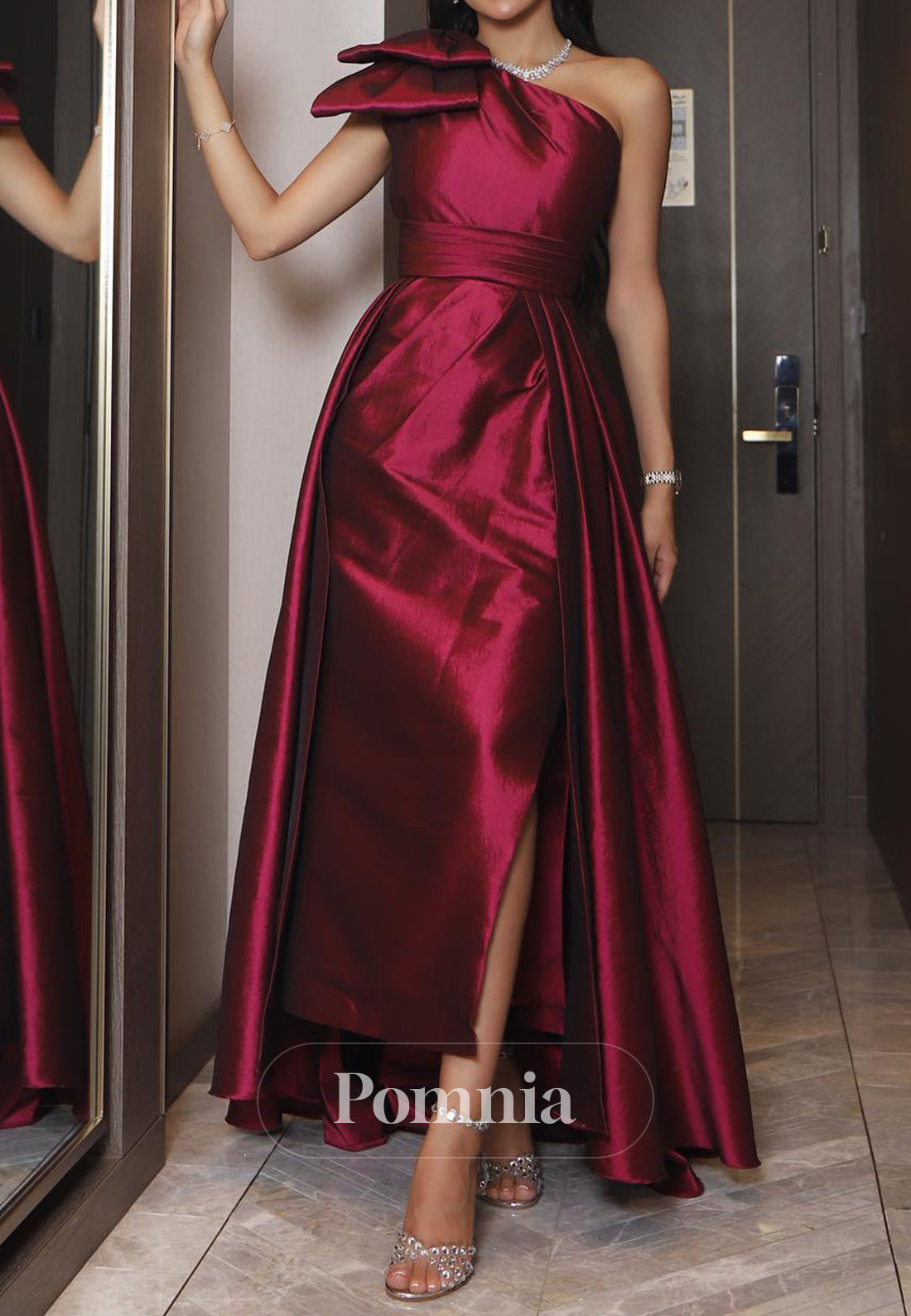 Mulberry One Shoulder Bowknot Empire-Waist Evening Dress