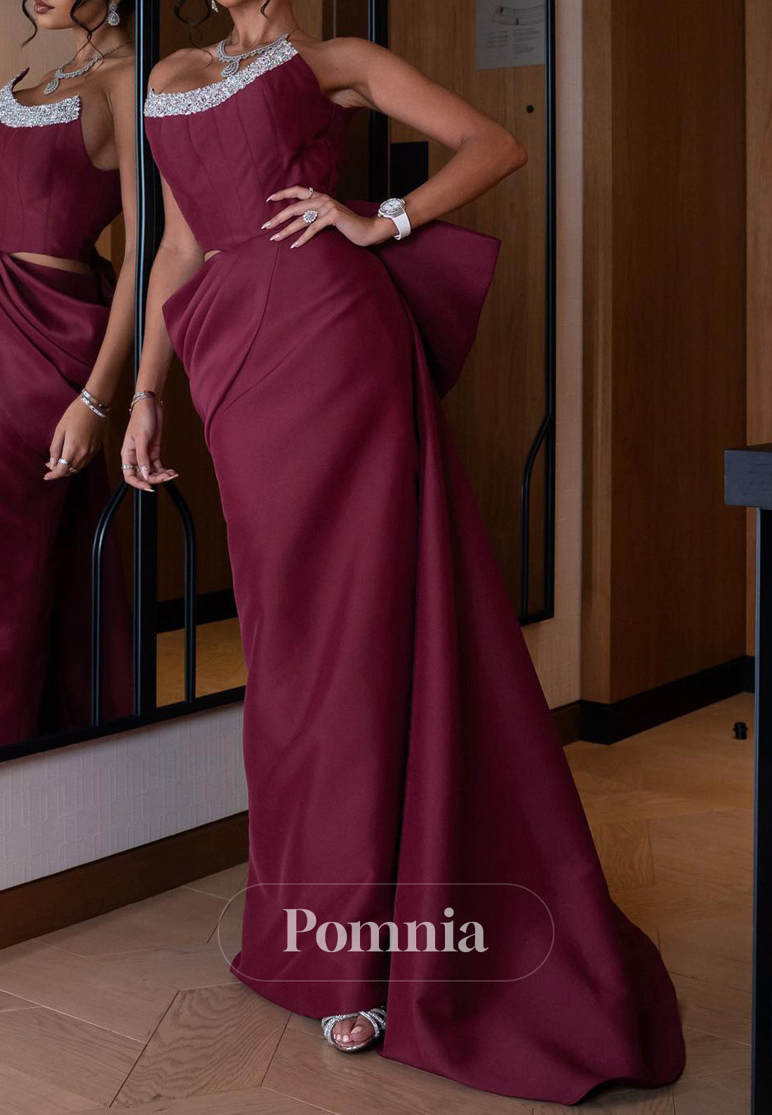 Mulberry Sleeveless Strapless Beads Evening Dress