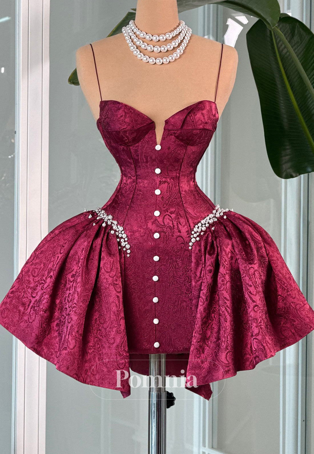 Mulberry Spaghetti Straps Sweetheart Pearls Homecoming Dress