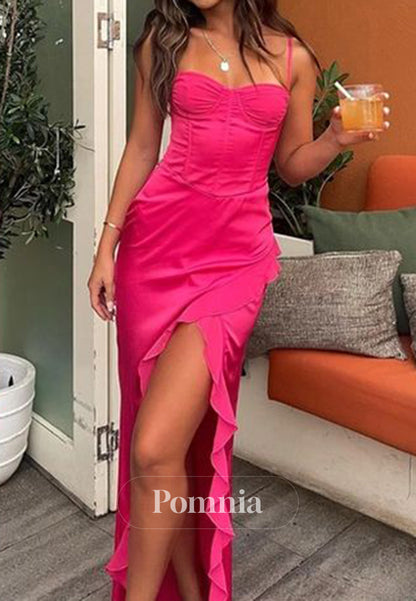 Hot Pink Sheath Spaghetti Straps eLong Prom Dresses With Split