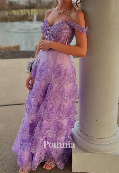 Off-Shoulder A-Line Empire-Waist Tiered Sequins Appliques Prom Dress