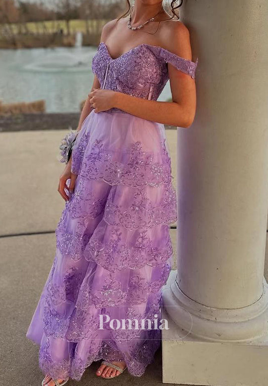 Off-Shoulder A-Line Empire-Waist Tiered Sequins Appliques Prom Dress