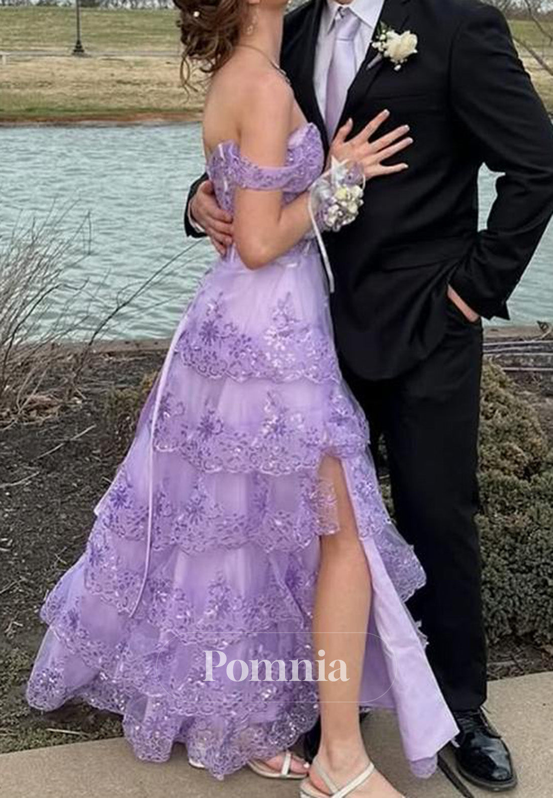 Off-Shoulder A-Line Empire-Waist Tiered Sequins Appliques Prom Dress