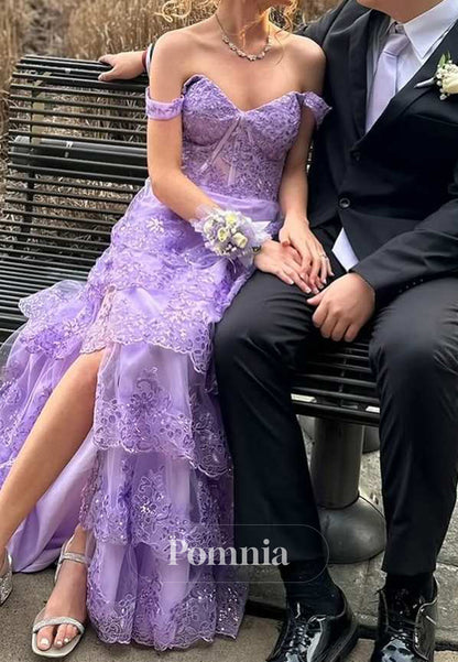 Off-Shoulder A-Line Empire-Waist Tiered Sequins Appliques Prom Dress