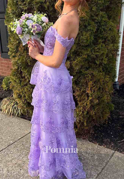 Off-Shoulder A-Line Empire-Waist Tiered Sequins Appliques Prom Dress