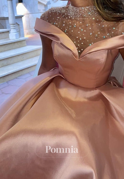Off-Shoulder Beaded Satin A-Line Sparkly Prom Dress
