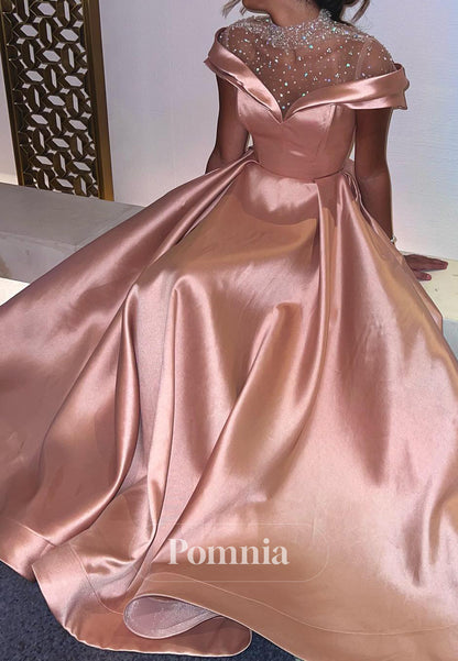 Off-Shoulder Beaded Satin A-Line Sparkly Prom Dress