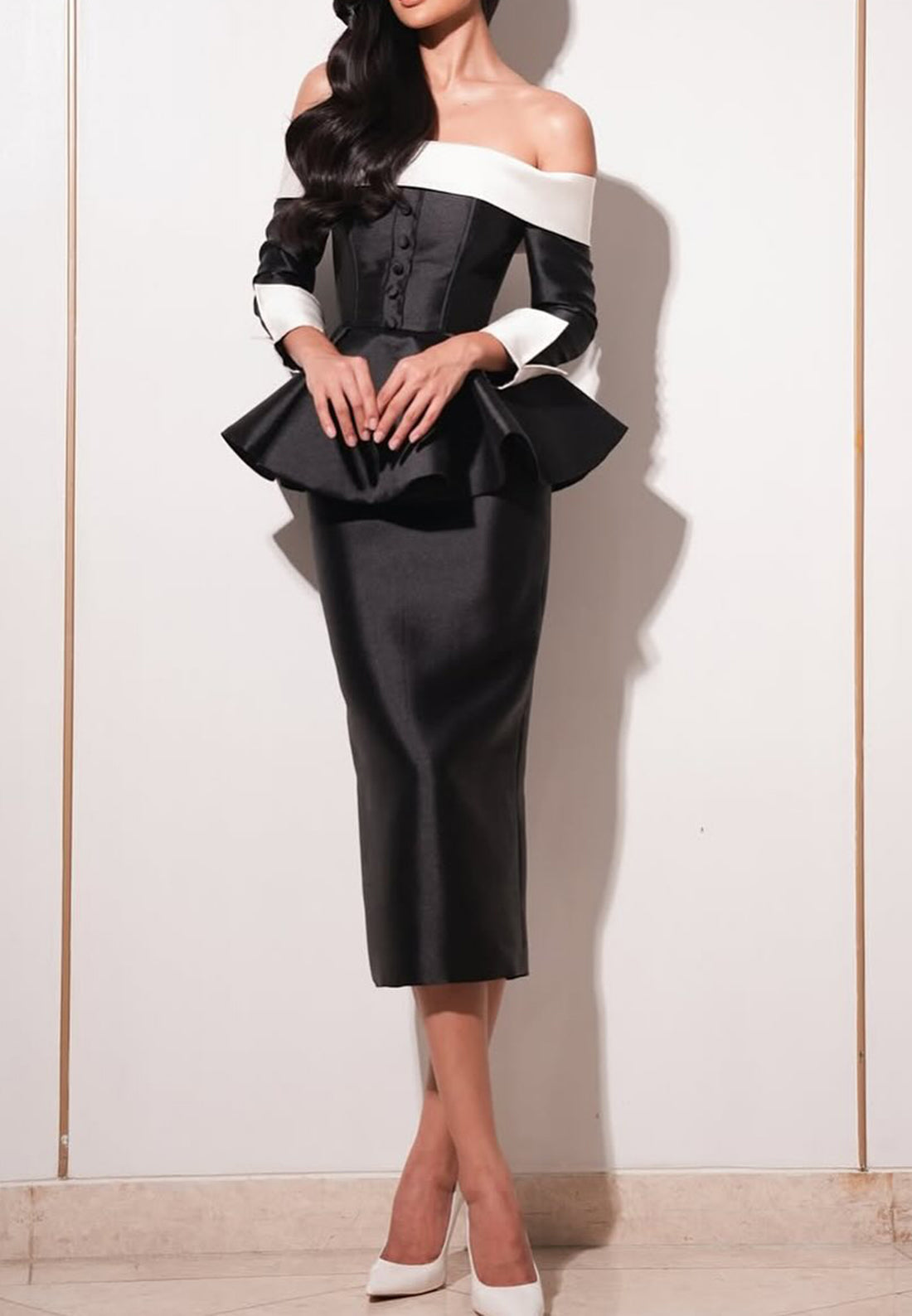 Off-Shoulder Long Sleeves Mermaid Midi Semi Formal Dress