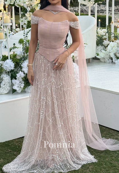 Off-Shoulder Pleated Beaded Embroidery Sparkly A-Line Evening Dress