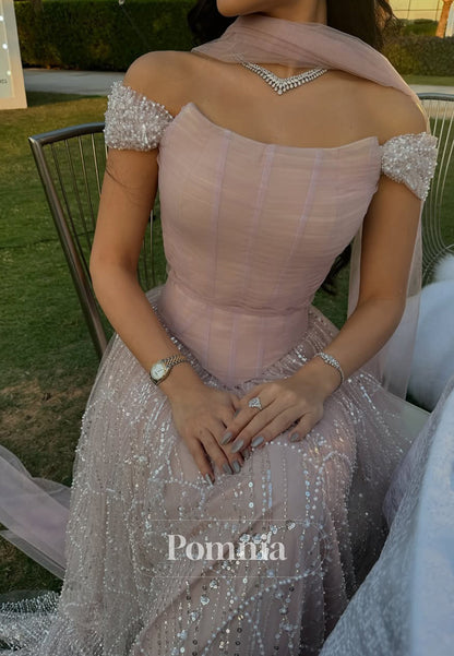 Off-Shoulder Pleated Beaded Embroidery Sparkly A-Line Evening Dress