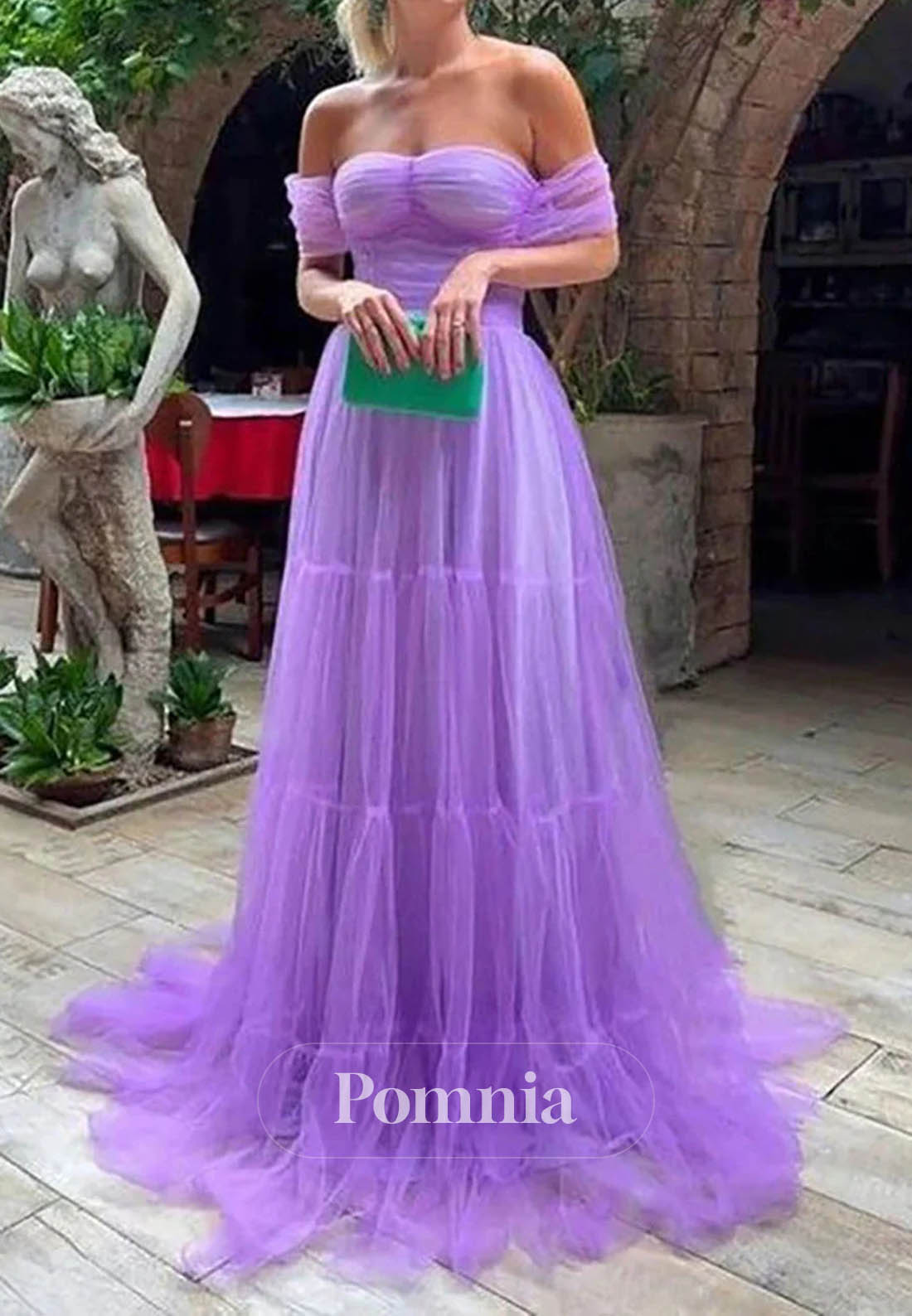 Off-Shoulder Tiered Tull Party Dress A-Line Prom Dress