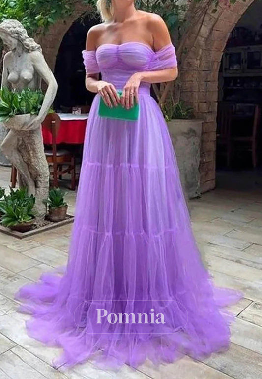 Off-Shoulder Tiered Tull Party Dress A-Line Prom Dress