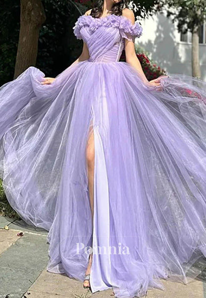 Off-Shoulder Pleated Floral High Slit Prom Dress