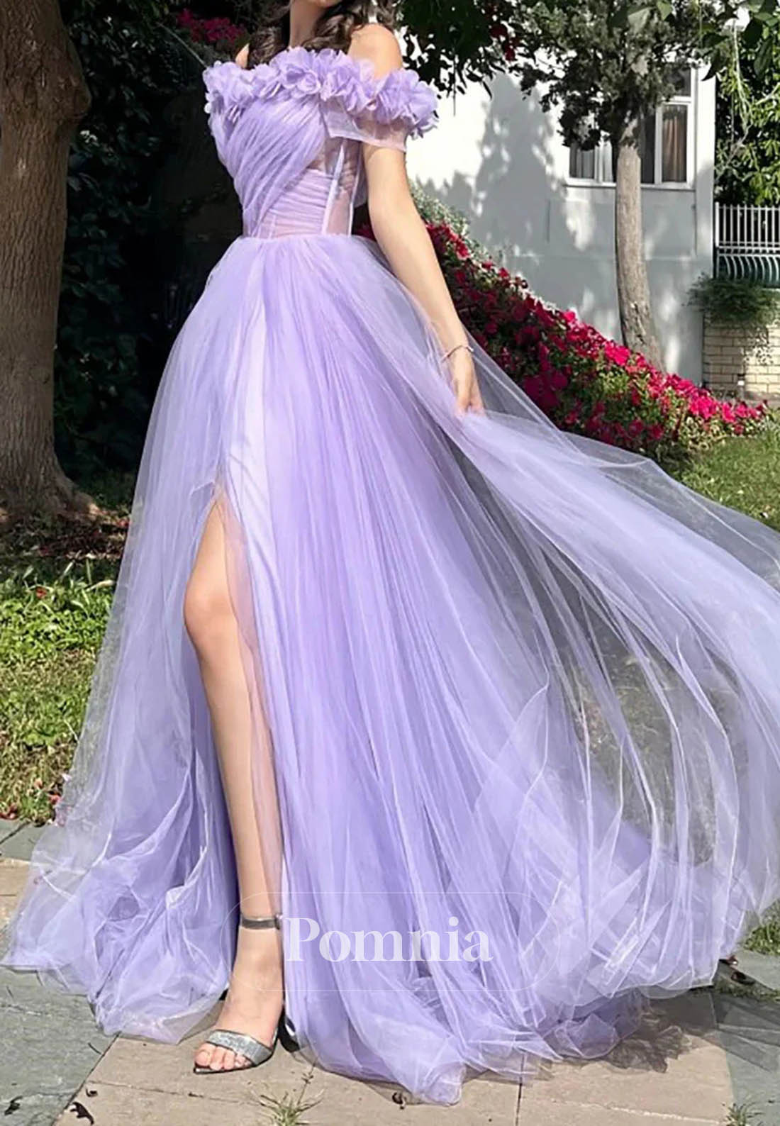 Off-Shoulder Pleated Floral High Slit Prom Dress