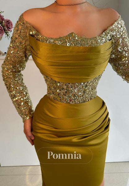 Olive Long Sleeves Scoop Corset Sequins Ruched Evening Dress