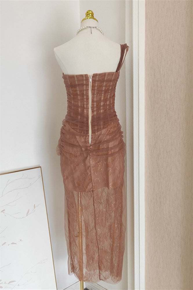 One Shoulder Blue Lace Ruched Column Long Dress