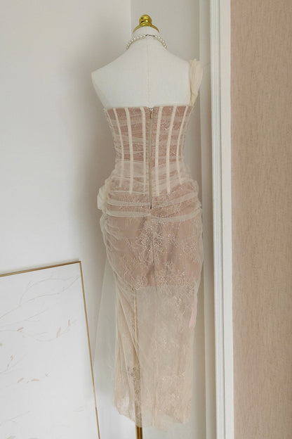 One Shoulder Blue Lace Ruched Column Long Dress