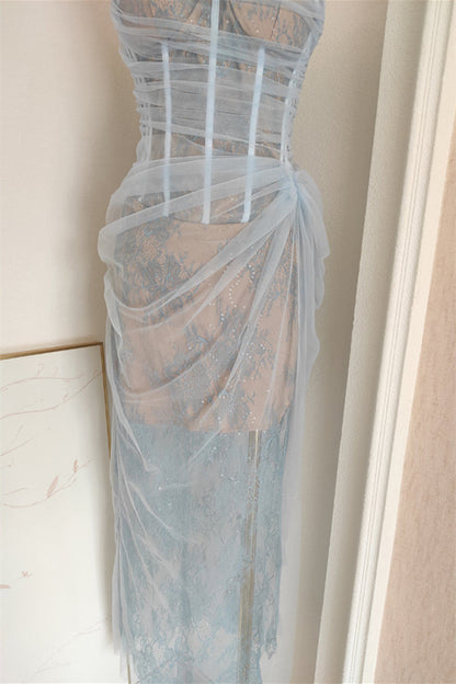 One Shoulder Blue Lace Ruched Column Long Dress