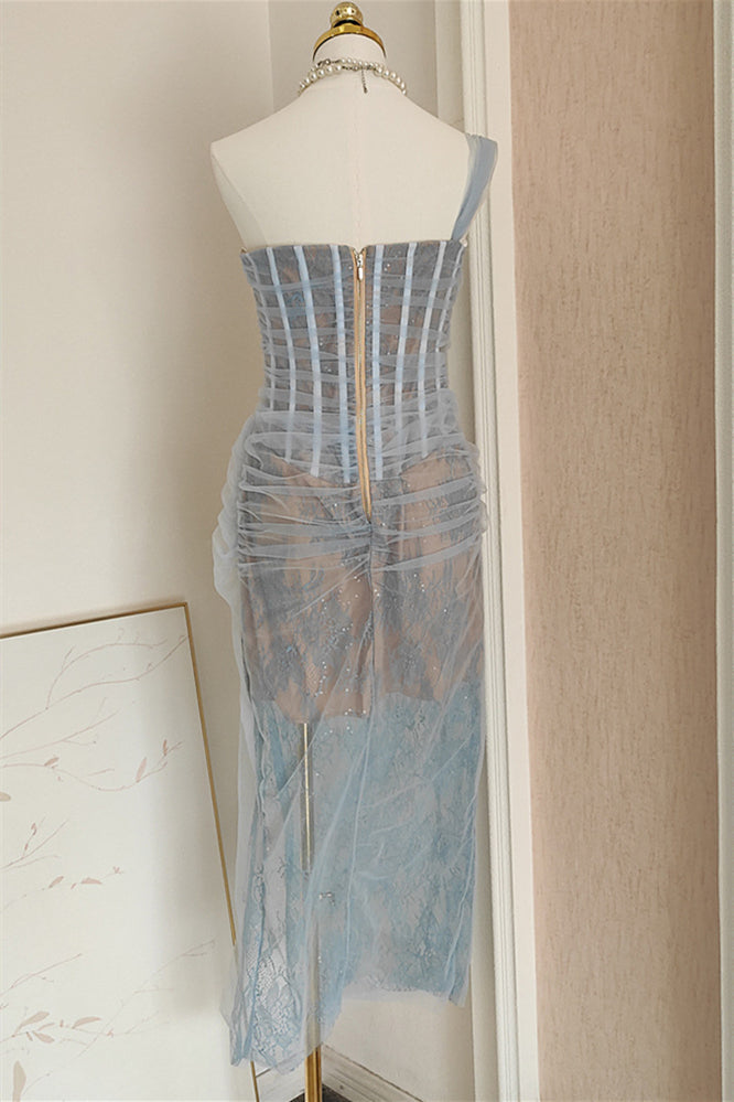 One Shoulder Blue Lace Ruched Column Long Dress