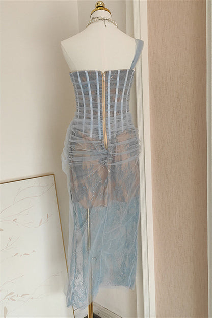 One Shoulder Blue Lace Ruched Column Long Dress