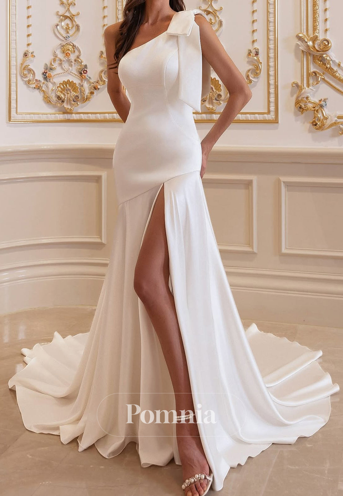 One Shoulder Bowknot Sleeveless Slit Satin Wedding Dress