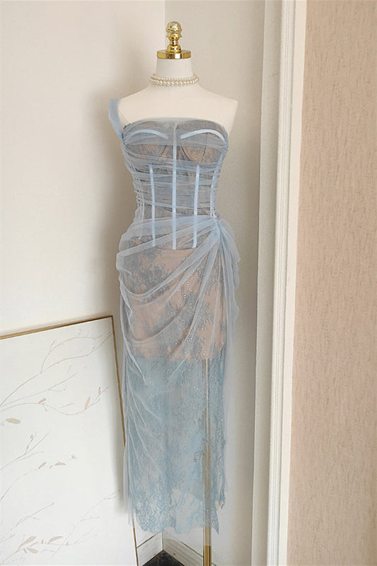 One Shoulder Blue Lace Ruched Column Long Dress