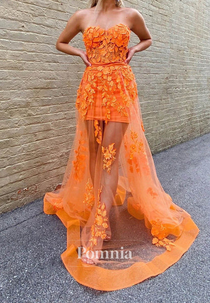 Orange A-Line 3D Floral Appliques Elegant Prom Dress