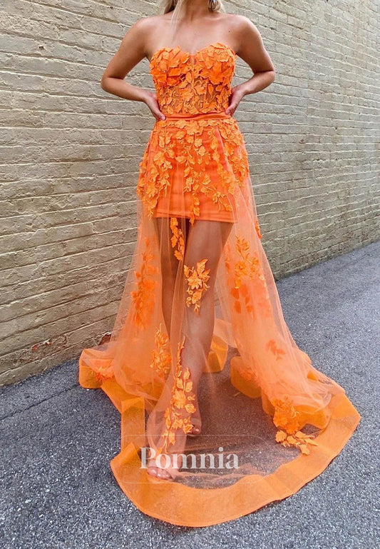 Orange A-Line 3D Floral Appliques Elegant Prom Dress