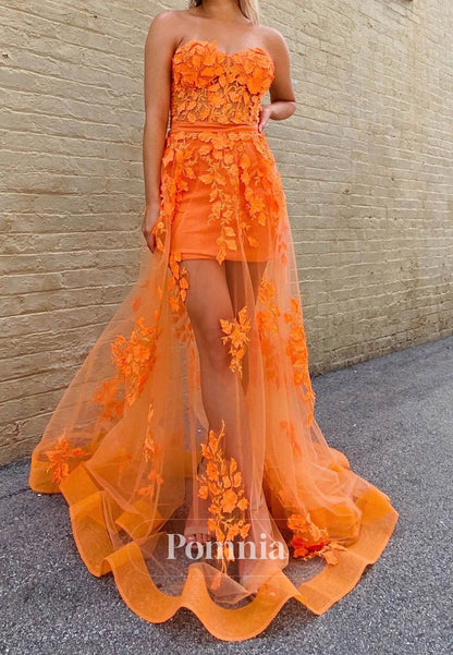 Orange A-Line 3D Floral Appliques Elegant Prom Dress