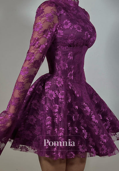 Orchid Long Sleeves High Neck A-Line Lace Homecoming Dress